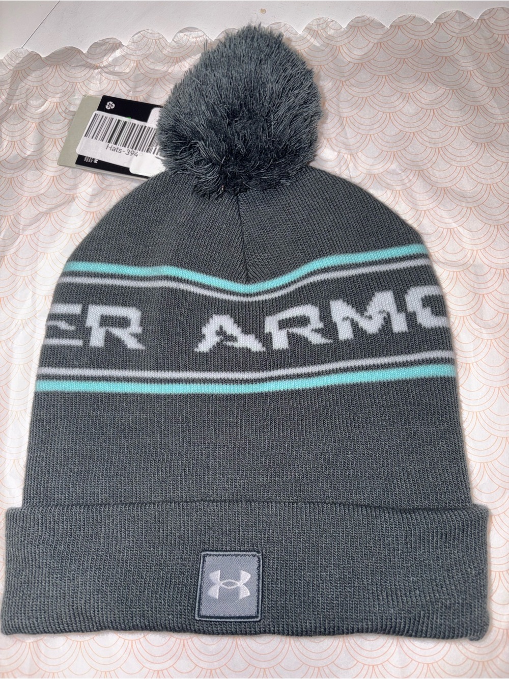 Under Armour Gray Beanie with Teal Stripes and Pom
